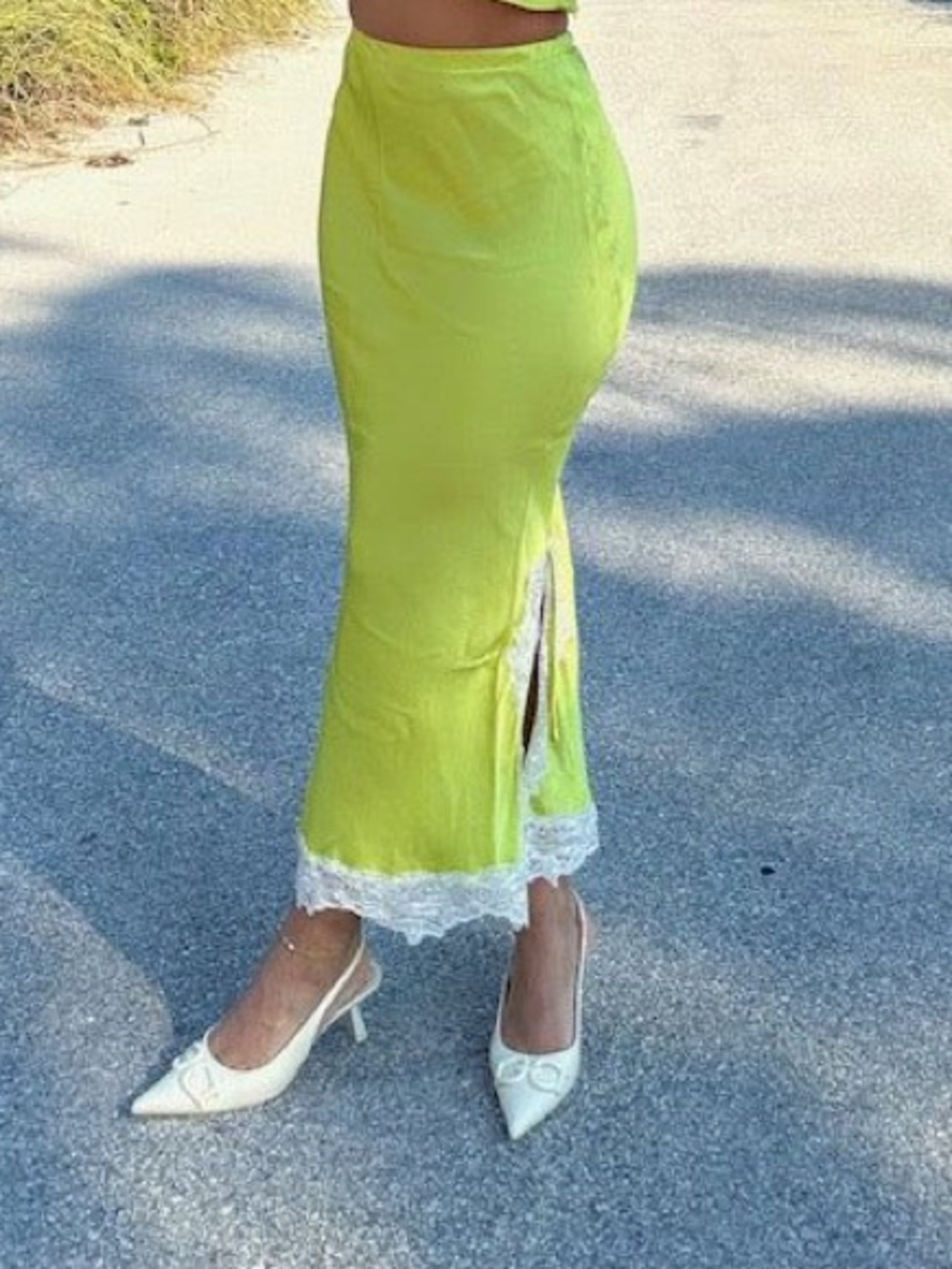 ACOA Lime Green Satin Maxi Skirt with White Lace Trim